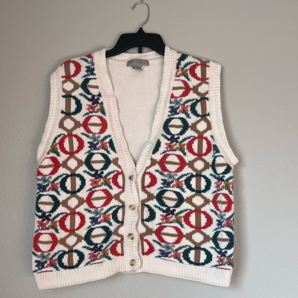 Nicklaus Ivory Knit Sleeveless Button‎ Up Cardigan Sweater Vest Cotton Vintage L